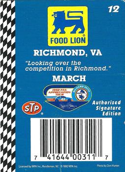 1992 Food Lion Richard Petty #12 Richard Petty Back
