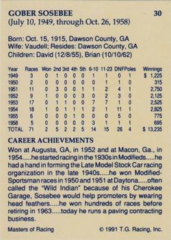 1991-92 TG Racing Masters of Racing Update #30 Gober Sosebee Back