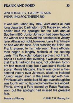 1991-92 TG Racing Masters of Racing Update #33 Larry Frank Back