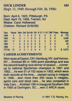 1991-92 TG Racing Masters of Racing Update #183 Dick Linder Back