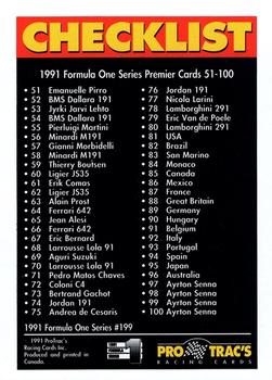 1991 ProTrac's Formula One #199 Checklist 1 Back