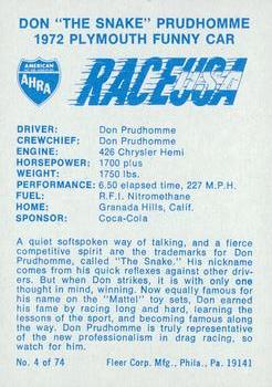 1973 Fleer AHRA Race USA #4 Don Prudhomme Back