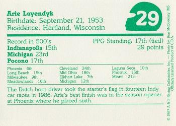 1987 A & S Racing Indy #29 Arie Luyendyk Back