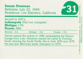 1987 A & S Racing Indy #31 Dennis Firestone Back