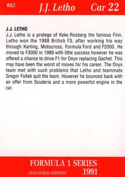 1991 Carms Formula 1 #63 J.J. Lehto Back