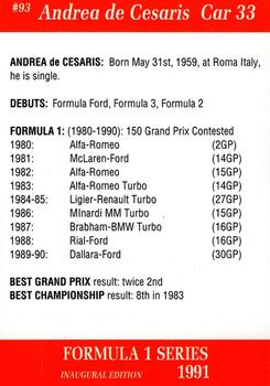 1991 Carms Formula 1 #93 Andrea de Cesaris Back