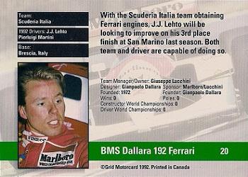 1992 Grid Formula 1 #20 Dallara/Lehto Back