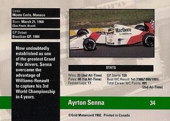 1992 Grid Formula 1 #34 Ayrton Senna Back