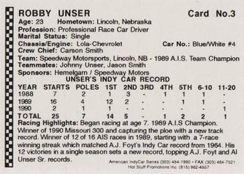 1991 Langenberg Hot Stuff American IndyCar Series #3 Robby Unser Back