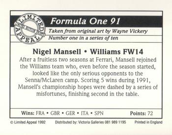 1992 Limited Appeal Formula One 91 #1 Nigel Mansell Back