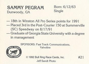 1992 Bull Ring #21 Sammy Pegram Back