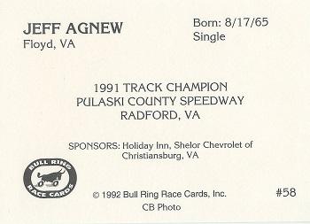1992 Bull Ring #58 Jeff Agnew Back
