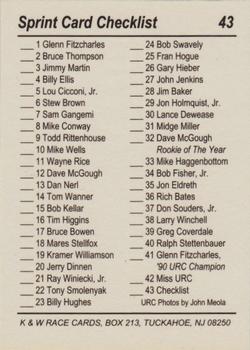 1991 K & W URC Sprints #43 Cover Card / Checklist Back