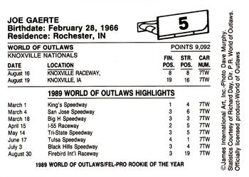 1989 World of Outlaws #5 Joe Gaerte Back