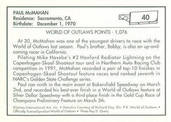 1991 World of Outlaws #40 Paul McMahan Back