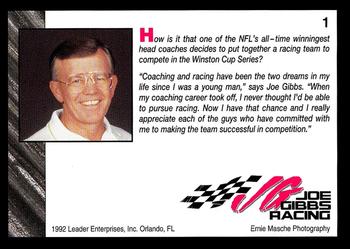 1992 Leader Enterprises Joe Gibbs Racing #1 Joe Gibbs Back