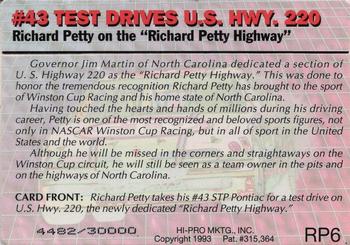 1992-93 Action Packed Richard Petty #RP6 #43 Test Drives U.S. Hwy. 220 Back