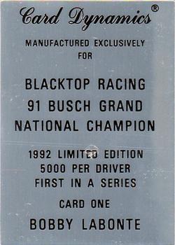1993 Card Dynamics Blacktop Racing #1 Bobby Labonte Back
