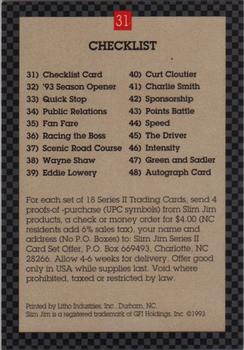1994 Slim Jim David Green #31 Checklist Back