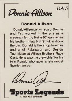 1991 K & M Sports Legends Donnie Allison #DA5 Donald Allison Back
