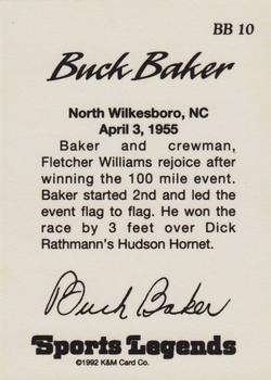 1992 K & M Sports Legends Buck Baker #BB 10 Buck Baker Back