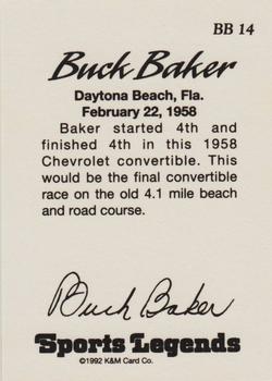 1992 K & M Sports Legends Buck Baker #BB 14 Buck Baker Back