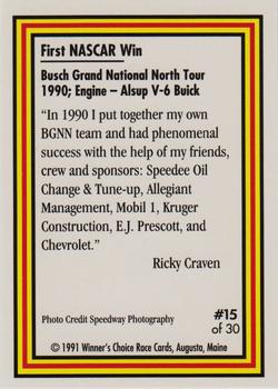 1991 Winner's Choice Ricky Craven #15 Ricky Craven Back