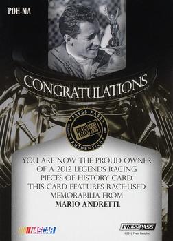 2012 Press Pass Legends - Pieces of History Memorabilia Silver #POH-MA2 Mario Andretti Back