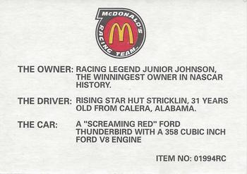 1993 Racing Champions McDonald's Racing Team #01994RC Hut Stricklin Back