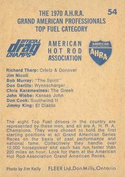 1971 Fleer AHRA Drag Champs Canadian #54 Richard Tharp / Jim Nicoll / Bob Murray / Don Garlits / Chris Karamesines / John Wiebe / Don Cook /  Jimmy King Back