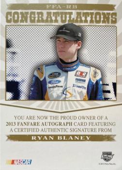 2013 Press Pass Fanfare - Autographs Gold Series Logo #FFA-RB Ryan Blaney Back