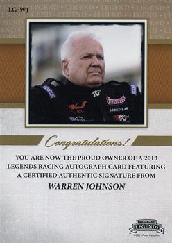 2013 Press Pass Legends - Autographs Holofoil #LG-WJ Warren Johnson Back