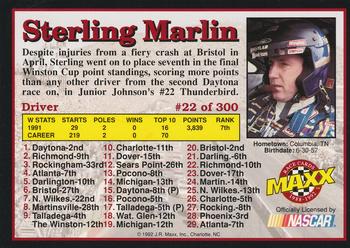 1992 Maxx (Black) #22 Sterling Marlin Back