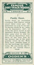 1929 Ogdens Famous Dirt Track Riders #7 Paddy Dean Back
