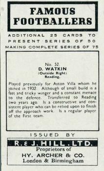 1939 R & J Hill Famous Footballers Series 2 #52 Dennis Watkin Back