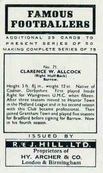 1939 R & J Hill Famous Footballers Series 2 #71 Bill Allcock Back