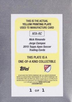 2015 Topps Apex MLS - Now and Then Dual Autographs Printing Plates Yellow #NTA-RC Nick Rimando / Jorge Campos Back