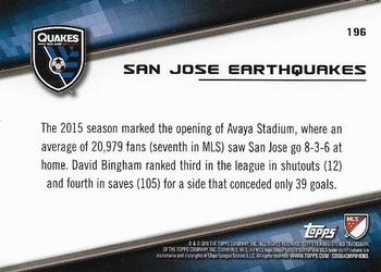 2016 Topps MLS #196 San Jose Earthquakes Back