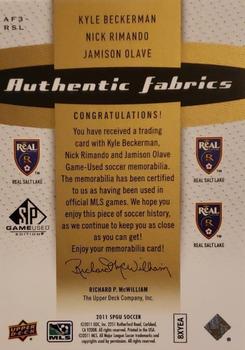 2011 SP Game Used - Authentic Fabrics Triple Premium Series #AF3-RSL Jamison Olave / Kyle Beckerman / Nick Rimando Back