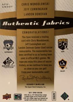 2011 SP Game Used - Authentic Fabrics Triple Premium Series #AF3-GBOOT Chris Wondolowski / Jeff Cunningham / Landon Donovan Back