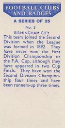 1958 Football Clubs and Badges #5 Birmingham City Back