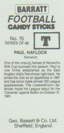 1985-86 Bassett & Co. Football Candy Sticks #15 Paul Haylock Back