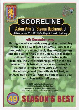 1998 Futera Aston Villa Fans Selection #49 Aston Villa 2 Steaua Bucharest 0 Back