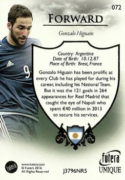 2016 Futera Unique World Football #72 Gonzalo Higuain Back