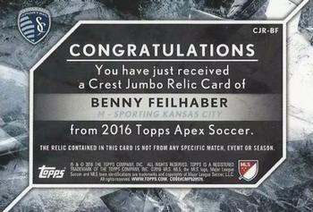 2016 Topps Apex MLS - Crest Jumbo Relics #CJR-BF Benny Feilhaber Back