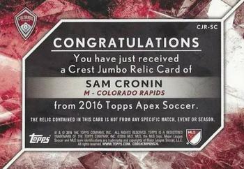 2016 Topps Apex MLS - Crest Jumbo Relics Purple ADIDAS #CJR-SC Sam Cronin Back