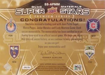 2012 Upper Deck MLS - Super Stars Quad Materials Premium Series #SS-APMM Fredy Montero / Javier Morales / Juan Pablo Angel / Marco Pappa Back