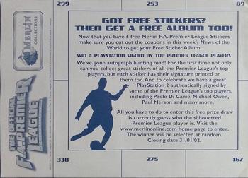 2001-02 Merlin F.A. Premier League 2002 #NNO NOTW sticker sheet Back