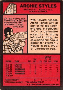 1977-78 Topps Footballer English (Red Backs) #19 Archie Styles Back