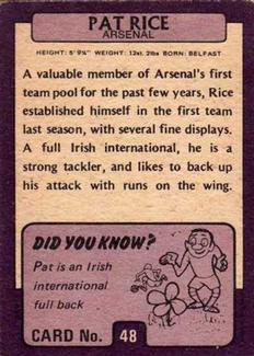 1971-72 A&BC Gum English Footballers (Purple Backs) #48 Pat Rice Back